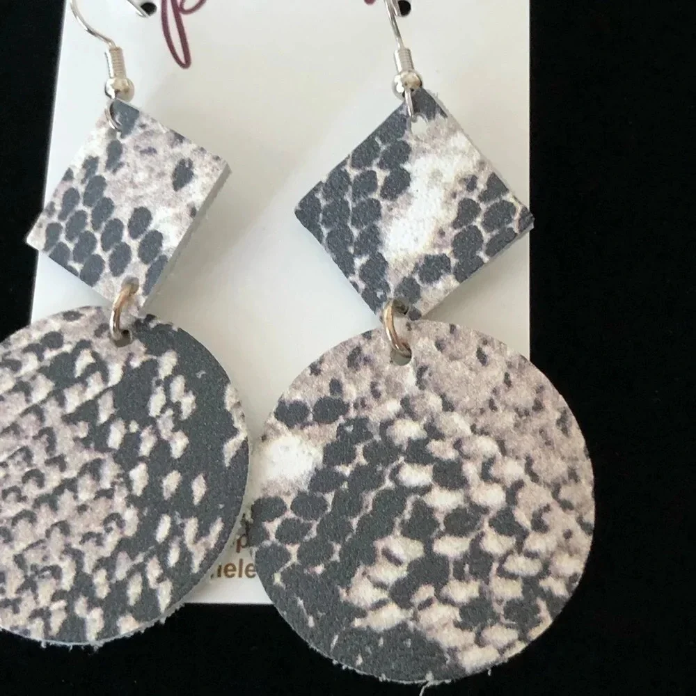 New Plume‎ Leather Faux Snakeskin Geo Earrings NWT